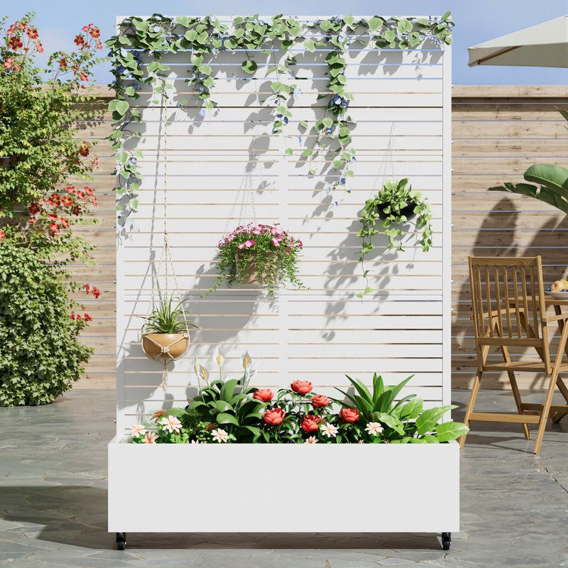 Metal Planter Box with Trellis with Wheels, White, 72" H x 47" W x 16" D