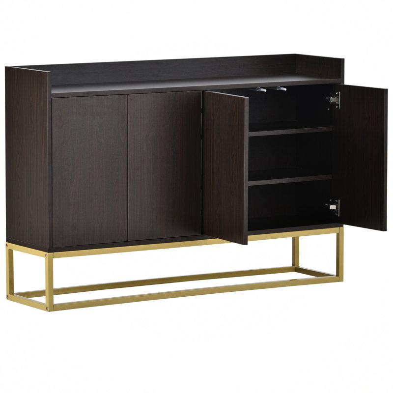 Buffet fonctionnel à 4 portes avec pieds carrés en métal, Or / espresso