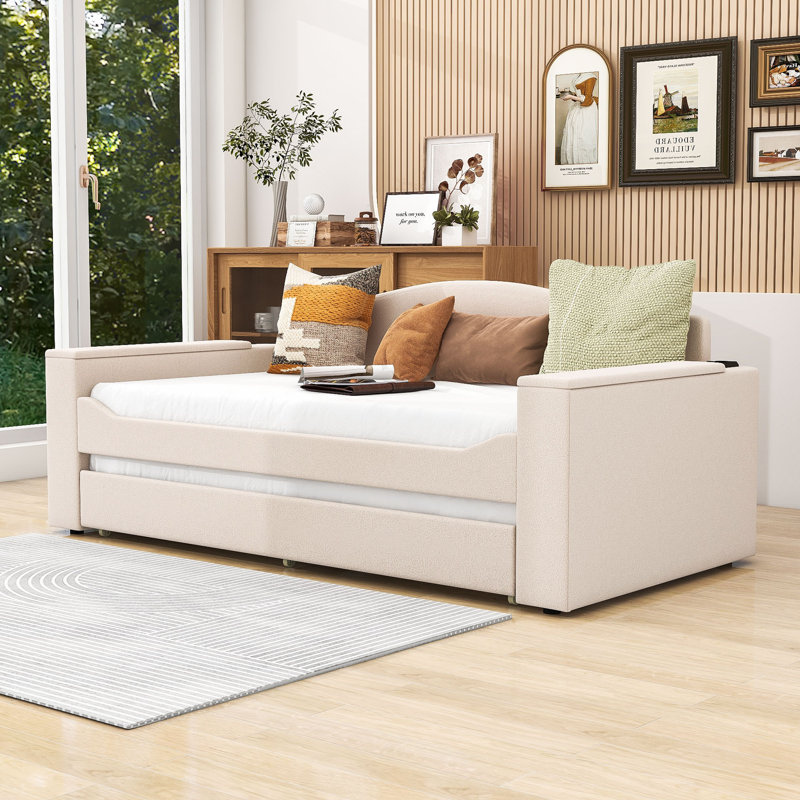 Ornie Wood Upholstered Daybed with Storage Armrests, Trundle and Integrated Bluetooth Audio System, Beige, Twin