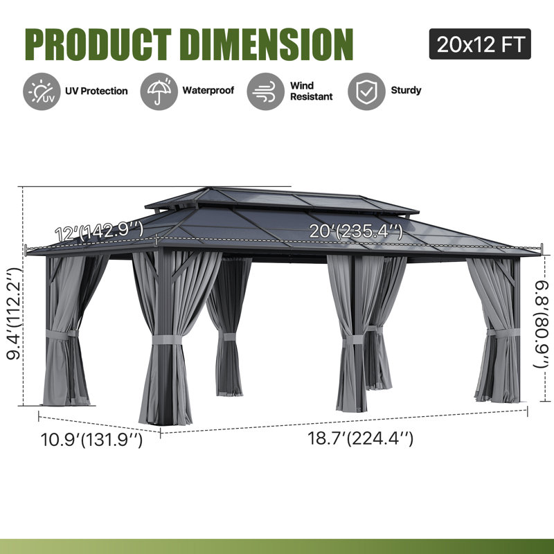 Pavillon de jardin à toit rigide 20 po x 12 pi avec double toit, pavillon de jardin extérieur en polycarbonate avec rideaux et filet, abri de patio permanent à cadre en aluminium pour la cour, la terrasse, le bord de la piscine