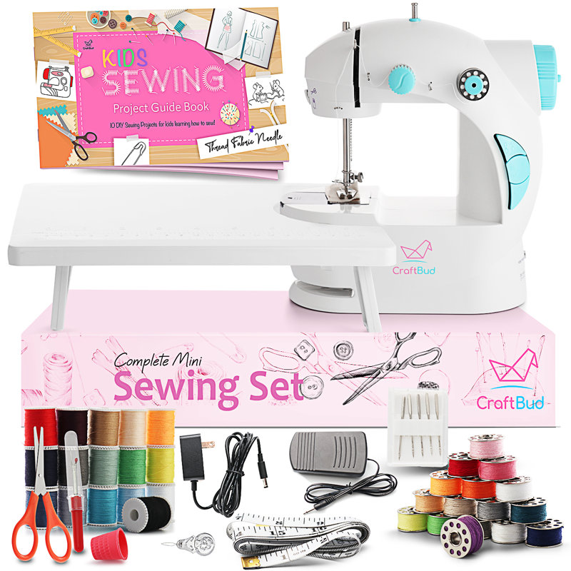 CraftBud White Portable Mini Sewing Machine Set for Kids