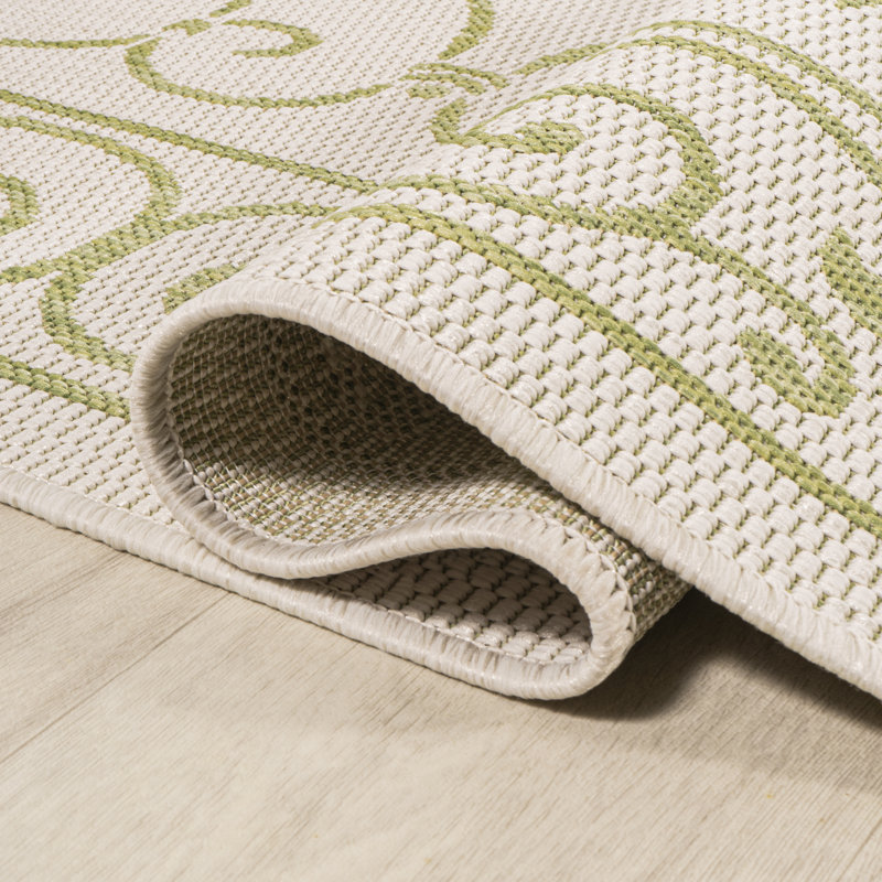 Debbe Vintage Filigree Textured Weave Cream/Green Indoor/Outdoor Rug, Rectangle 3'11" x 6'