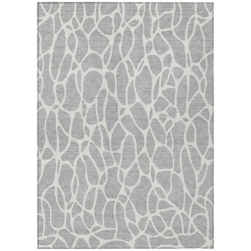 Tapis intérieur / extérieur géométrique lavable argenté et ivoire 5 pi x 8 pi