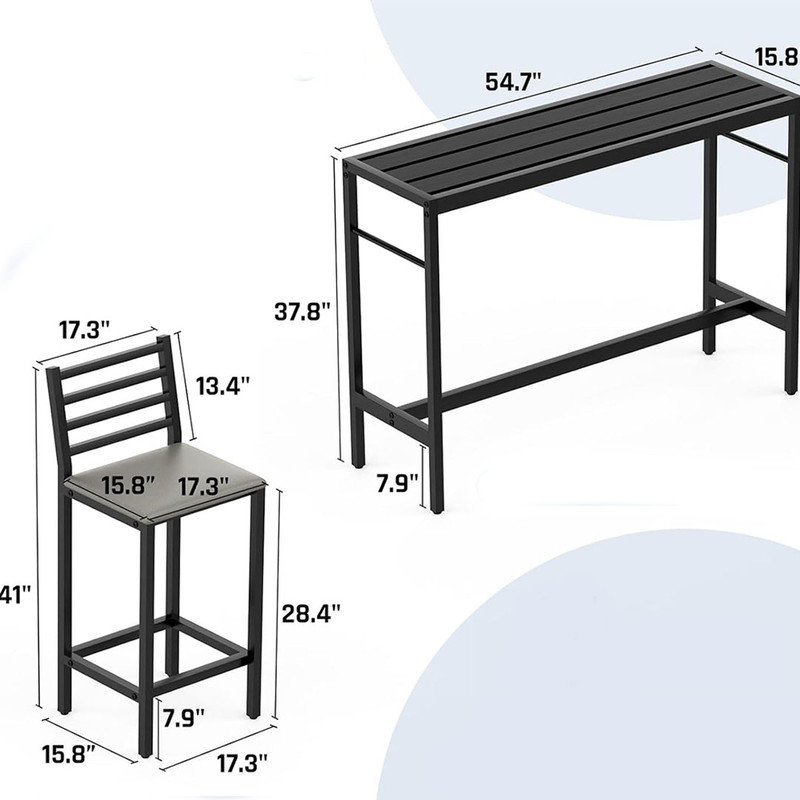 Outdoor Patio Bar Set, Rectangular Bar Tables, 3 Piece 2 Cushioned 41" Bar Stools, Table and Chairs Set for Poolside, Backyard, Porch