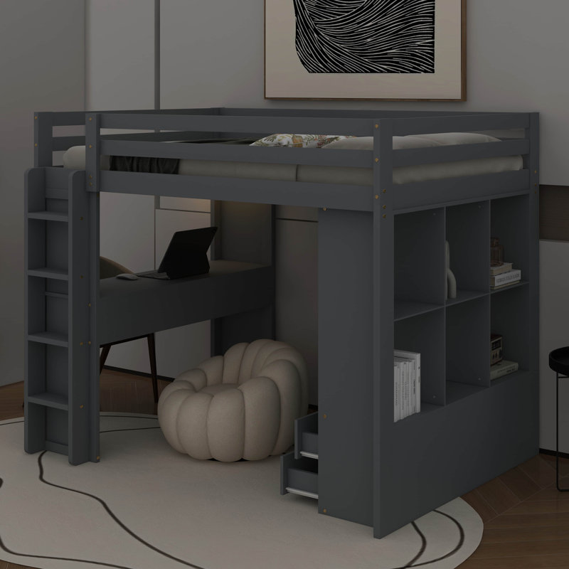 Lit mezzanine avec grandes tablettes, lumière DEL et bureau d'écriture, Lit simple, Gris