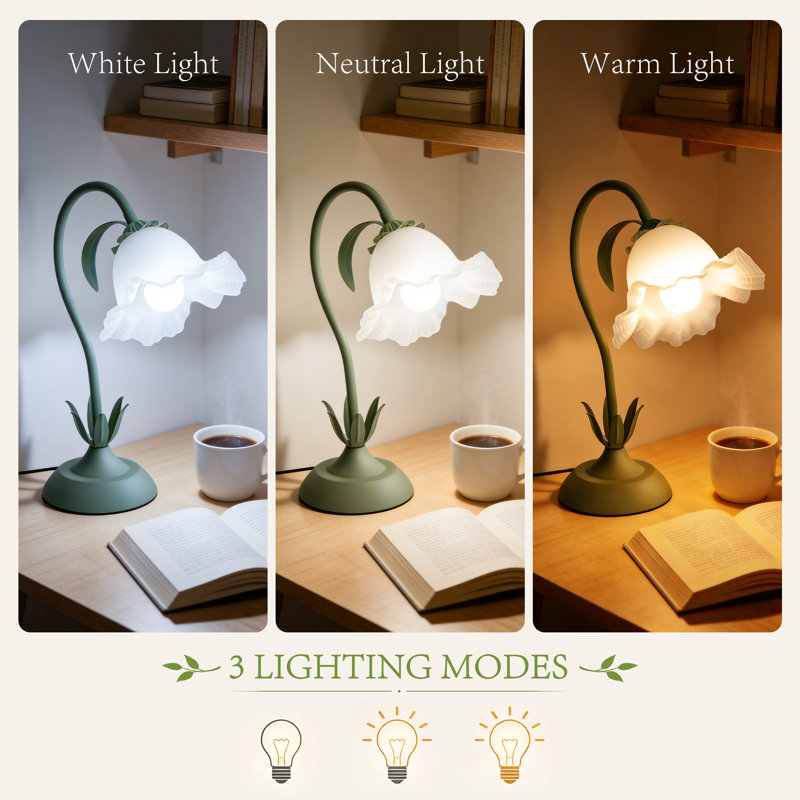 Flower Table Lamp For Bedroom, 3 Colors Flower Reading Light, Cute Lily Desk Lamp Bedside Lamps, Green