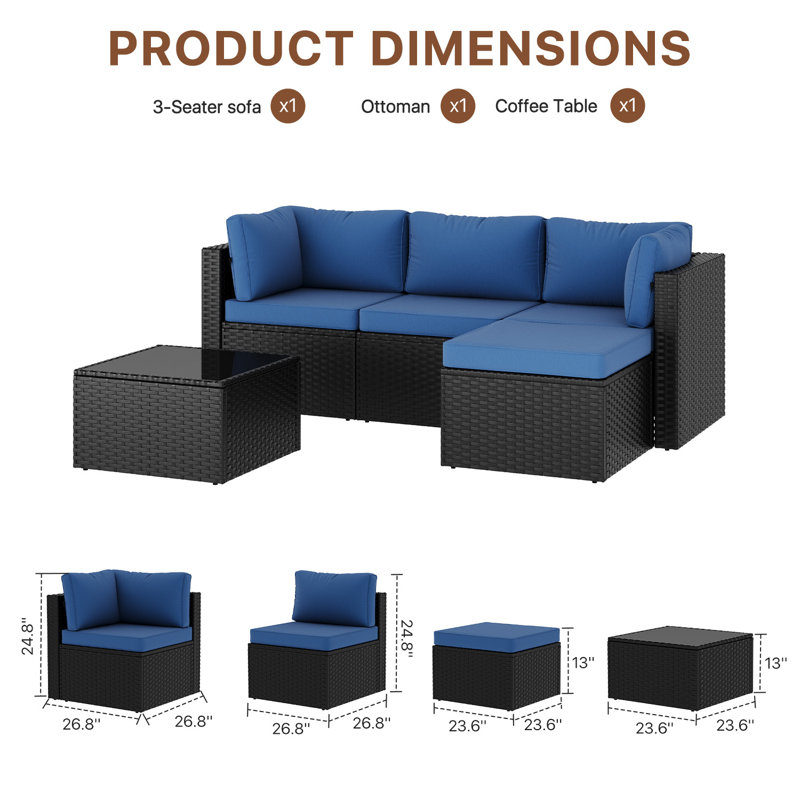 3-Piece Outdoor Patio Conversation Set, Pe Rattan Wicker Seating Group With Ottoman & Coffee Table, Navy