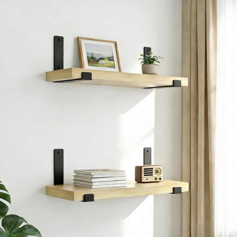 Wall-Mounted Floating Shelves Bracket Shelf  Wood Wall Shelves Wood Floating Shelves With J Brackets For Bedroom, Living Room，Kitchen, Bathroom