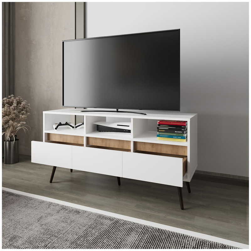 Meuble télé Picacho avec rangement, 3 tiroirs et 3 tablettes, blanc et chêne naturel.