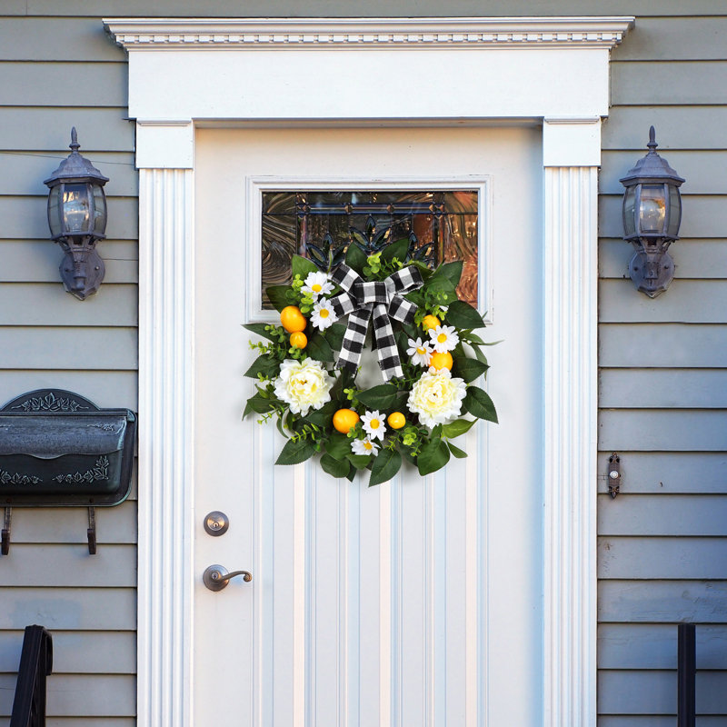 Couronne de campagne pour porte d'entrée, citrons artificiels, couronne de pivoines et de marguerites, décor floral d'été et de printemps, 22 po