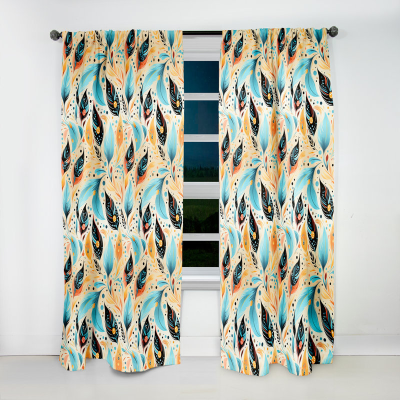 Plumes éclectiques jaunes et bleues Boho - Rideau Boho - Velours obscurcissant - 1 panneau, L 52 po x L 63 po