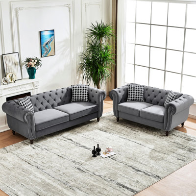 Velours gris 3 + 2 places avec accoudoirs roulés, design Mid-Century pour salon, bureau, appartement, capacité de 450 lb, coussin en mousse, accoudoirs roulés en pin, conception spacieuse, ressorts et rembourrés,
