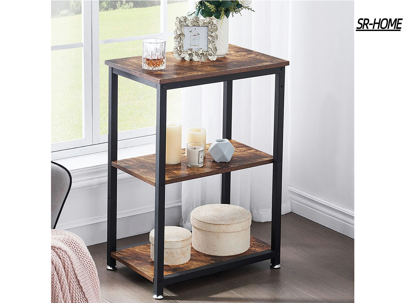 Tribesigns Industrial End Table, 3-Tier Vintage Bed Side Table Night Stand with Metal Mesh Storage Shelf for Living Room & Bedrooms, Brown