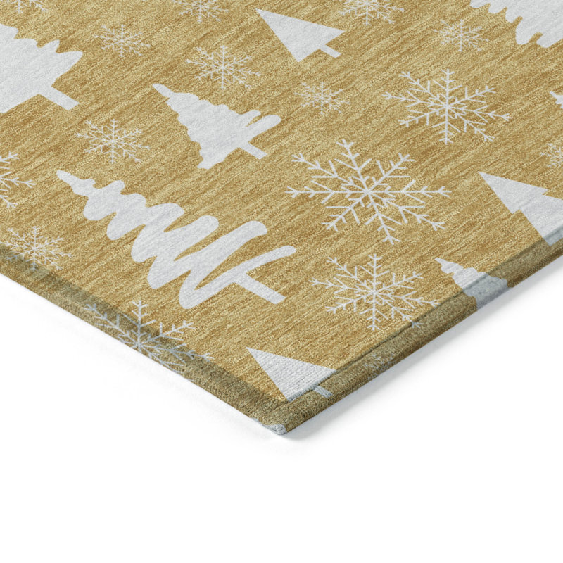 Machine Washable Indoor/Outdoor Christmas Tree Xhevrie Gold Rug, Rectangle 3' x 5'