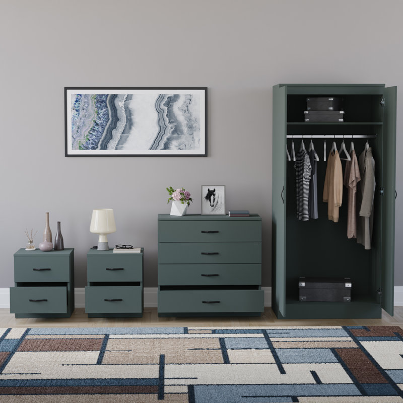 Tayce 4 Piece Bedroom Set (2 Drawer Bedside Cabinet X2, 4 Drawer Chest, 2 Door Wardrobe), Green