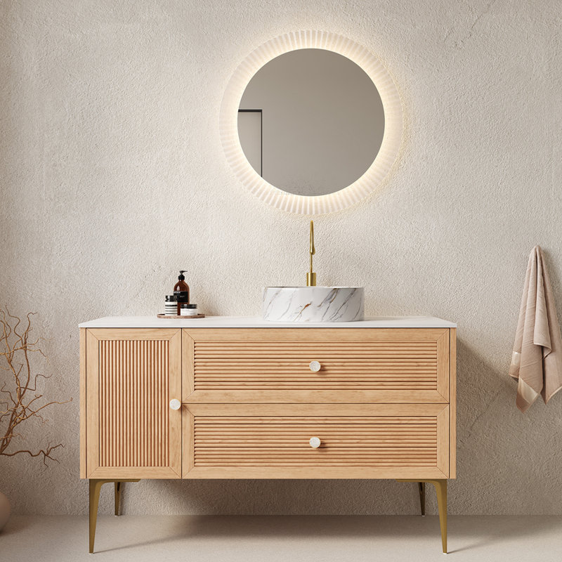 Meuble-lavabo de 48 po avec lavabo Munin, armoire de rangement autoportante en contreplaqué avec 4 pieds en métal, porte et 2 tiroirs, lavabo en céramique blanche avec motif en pierre, sans robinet, pré-assemblé, couleur grain de bois de chêne