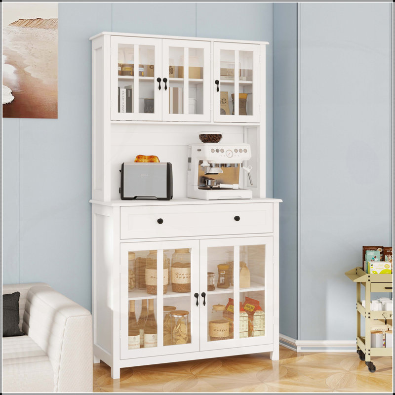 Armoire de rangement autoportante avec comptoir pour four à micro-ondes, 3 tablettes réglables, 5 portes en verre et grand tiroir blanc