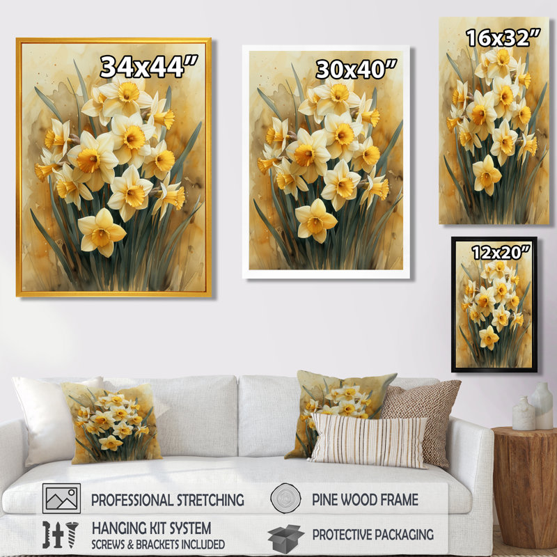 «Yellow Farmhouse Daffodils In Vase II - Daffodils Wall Art Living Room», Toile tendue, H 12 po x l 20 po