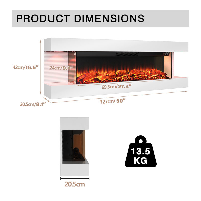 Wall Mounted Electric Fireplace With Multi Ambient Light Colors, Remote, 1800w Heater, White, 42cm H x 127cm W x 20.6cm D