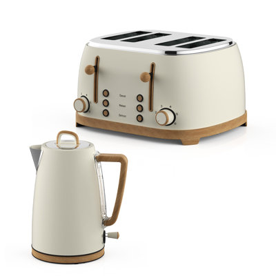 GEEPAS NordiQ 4 Slice Toaster & 1.7L Electric Kettle Combo Set | Matte Finish with Wood Accents | 1500W 6 Browning Levels Defrost Reheat & Cancel | 3000W Rapid Boil Cordless Jug Kettle