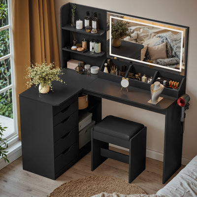 Corner Makeup Vanity Desk with Lights and Mirror, 47" L Shaped Vanity Set with Cushioned Stool& Charging Station, , 5 Drawer, Adjustable 3 Lighting Mode, Bedroom Large Dressing Table