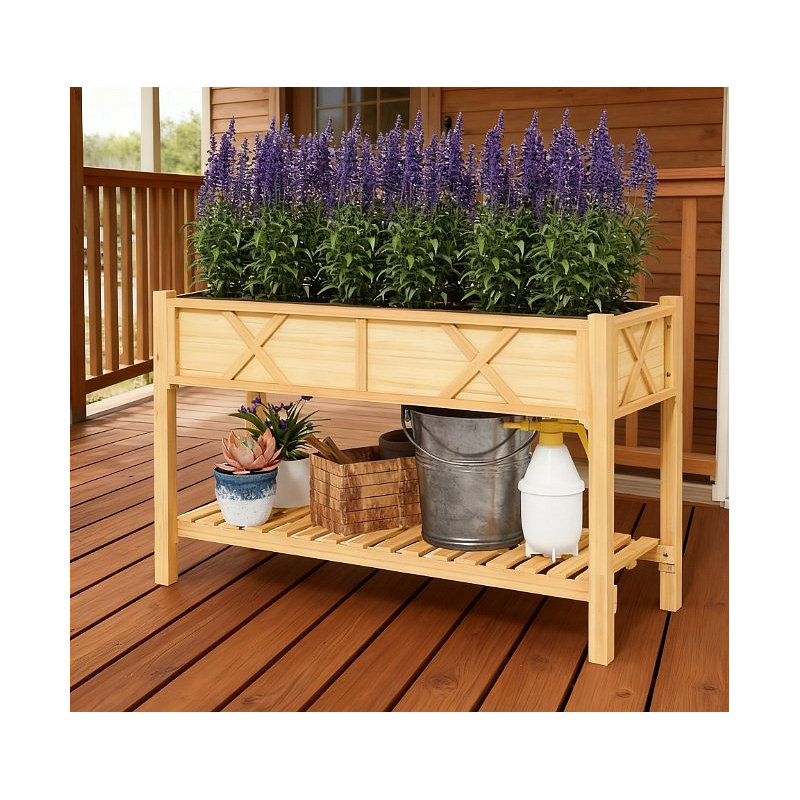 Dual-Tier Elevated Wood Planter Box,Raised Garden Bed,With Storage Shelf,Drainage Holes,And Liner, Natural Wood