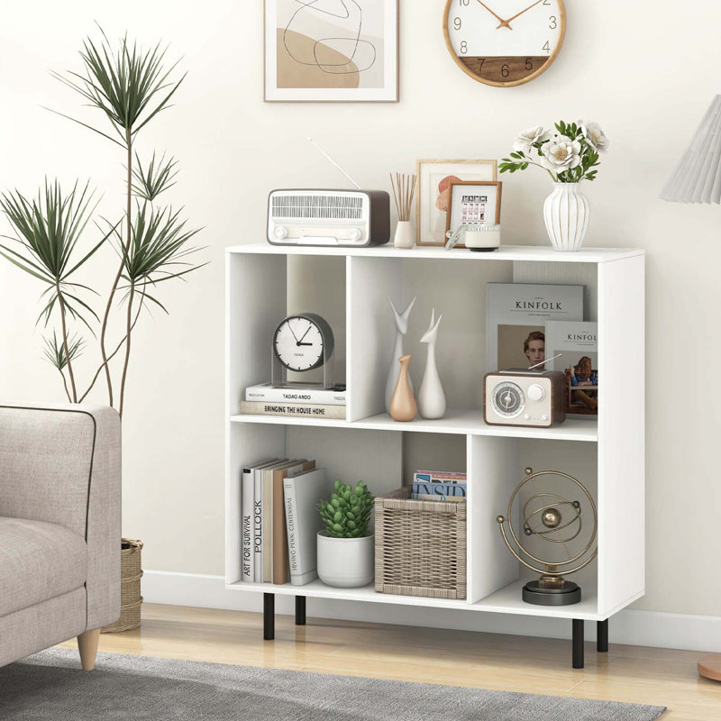 Open Shelf Bookcase Mid Century Modern Cube Bookshelf With 4 Compartments, White