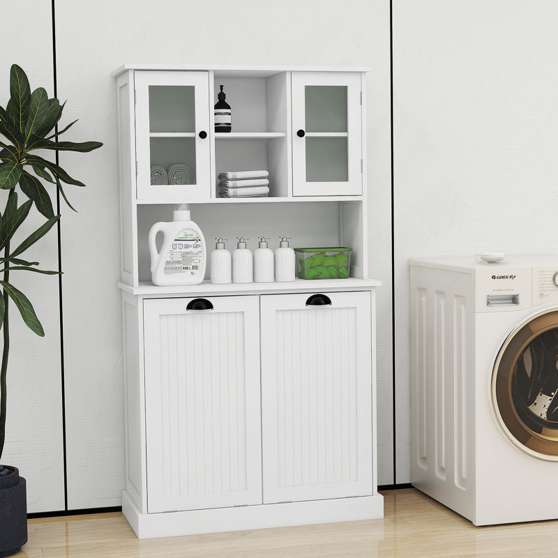 Two-Compartment Tilt-Out Dirty Laundry Basket Tall Bathroom Cabinet