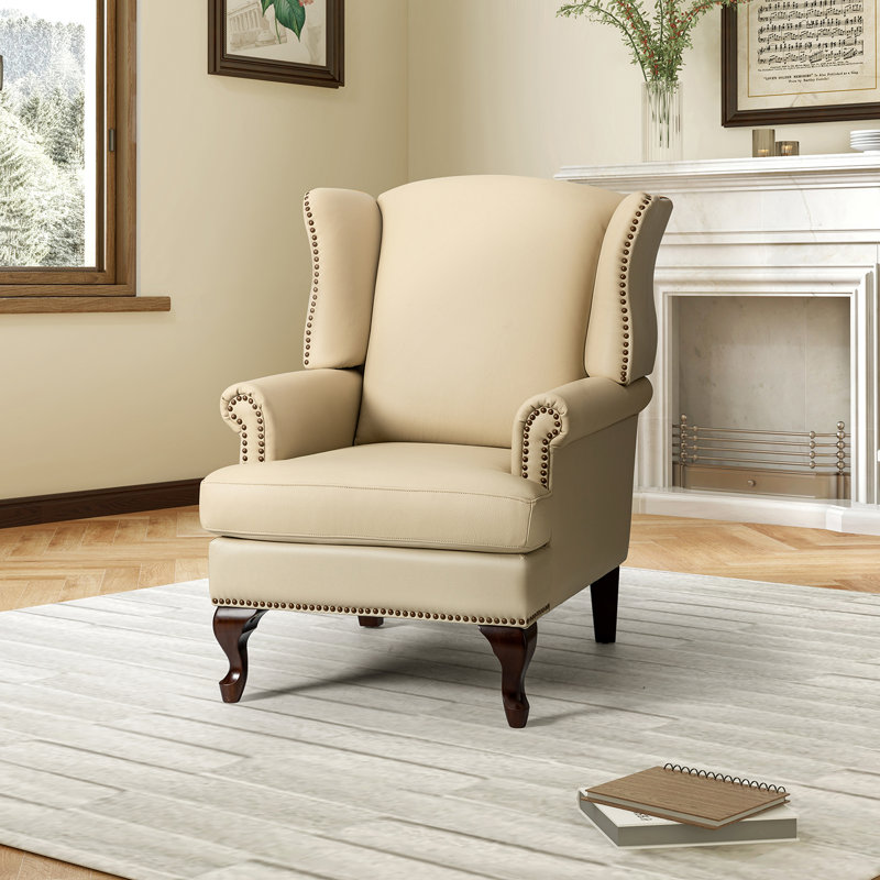 Fauteuil à oreilles Anapatria en cuir véritable, Cuir véritable beige