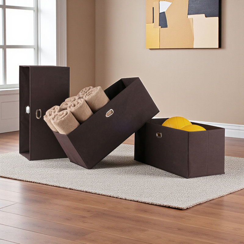 Finnian 3-Piece Foldable Fabric Basket Set in Brown, 10.07'' H X 22.78'' W X 9.98'' D, 10.12" H x 22.91" W x 10.06" D, Brown