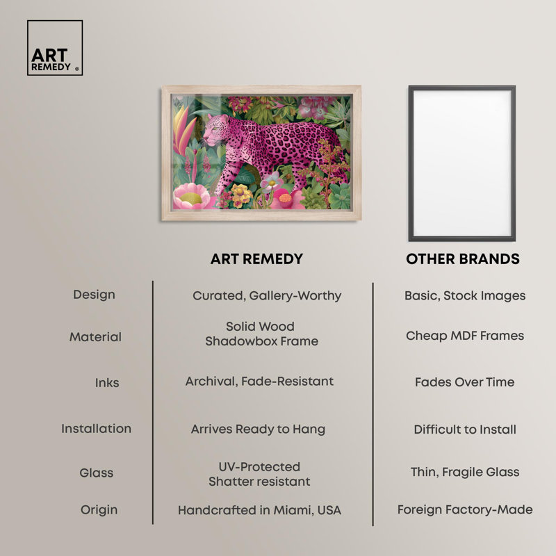 Décoration murale florale léopard rose par Art Remedy, cadre blond, 16 x 11, H 11 po x l 16 po, Cadre blond