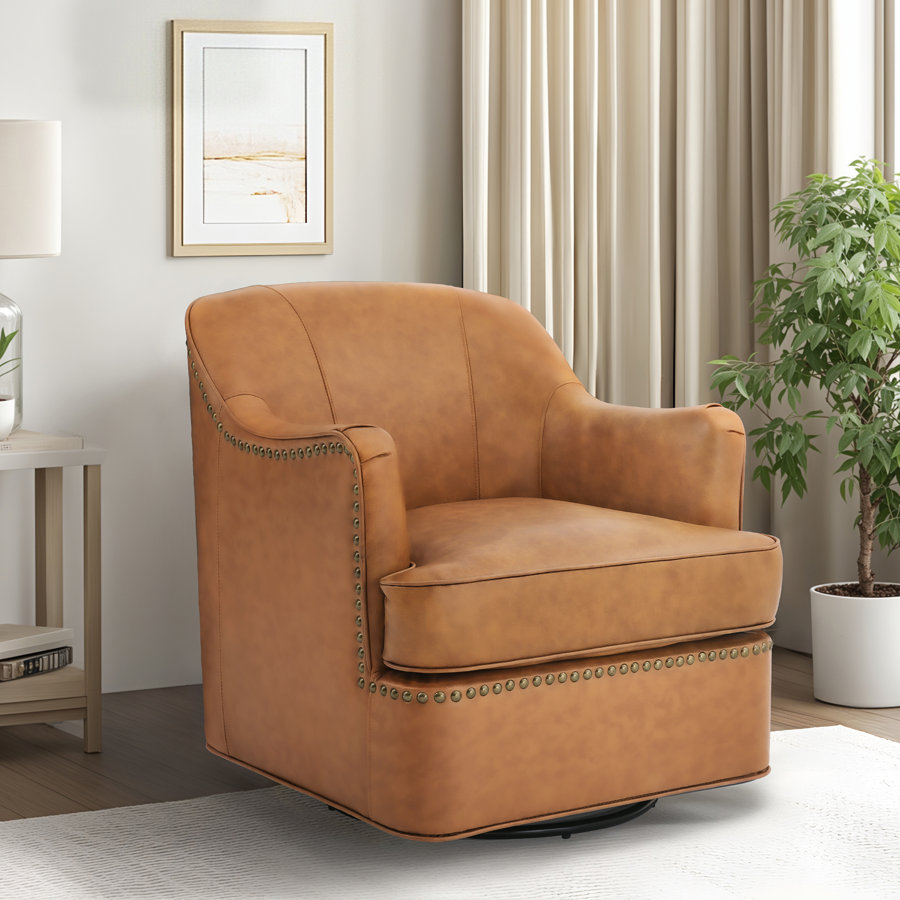 Genuine Leather Swivel Barrel Chair For Living Room, Bedroom