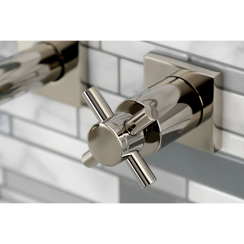 Kingston Brass Manhattan Two-Handle 3-Hole Wall Mount Roman Tub Faucet, Polished Nickel, Cross