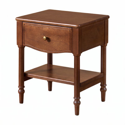 Nightstand, 100% Solid Wood Bedside Table with Drawer & Open Shelf, Fully Assembled Traditional Farmhouse End Table for Bedroom, 19.7" H Walnut Brown Night Stand