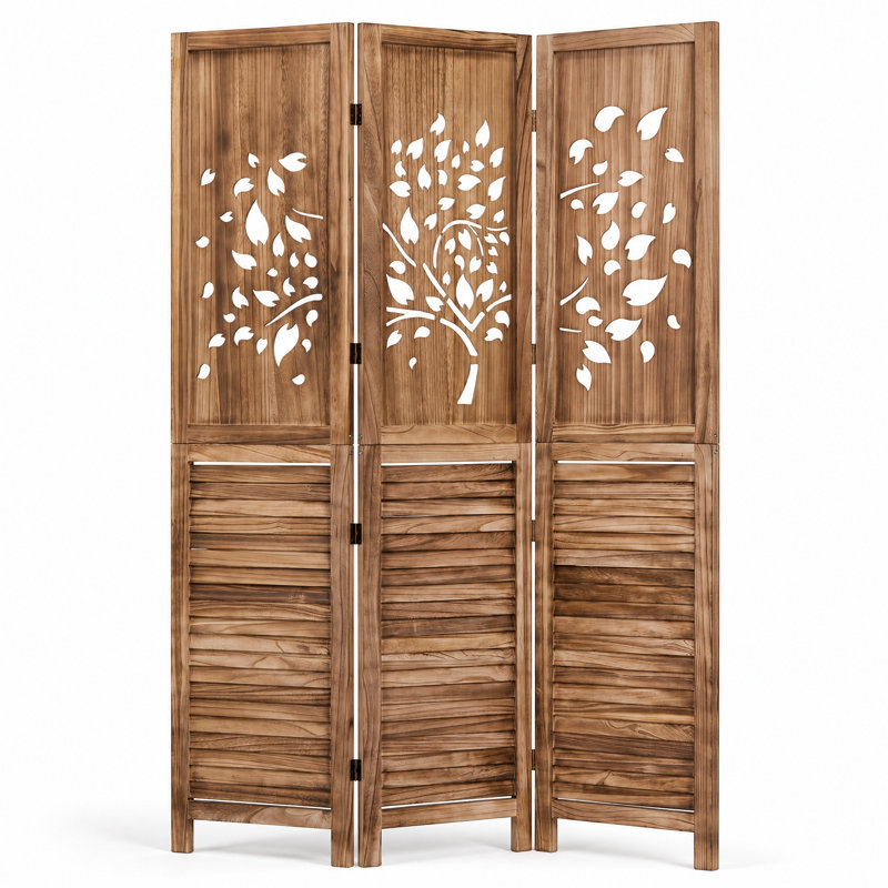 Paravent en bois 67 pouces à 3 panneaux avec découpe et persiennes brun / blanc