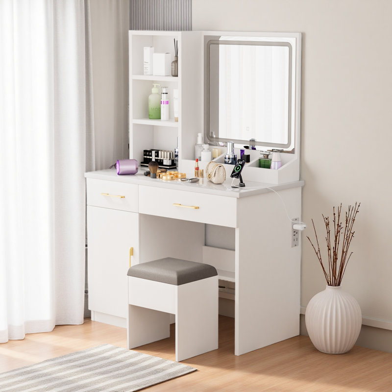Meuble-lavabo de 32 po de largeur avec miroir éclairé et prise de courant, coiffeuse avec grand espace de rangement et tabouret rembourré