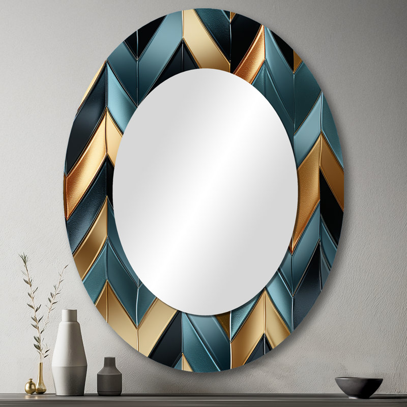Métallique Chevron Elegance Patter - Grand miroir mural ovale sur métal, H 43 po x l 33 po