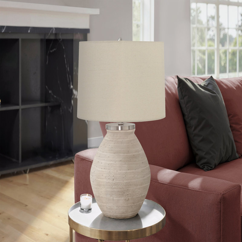 Lighting, H 25 po, lampe de table, béton crème, abat-jour beige, Blanc, Crème, crème