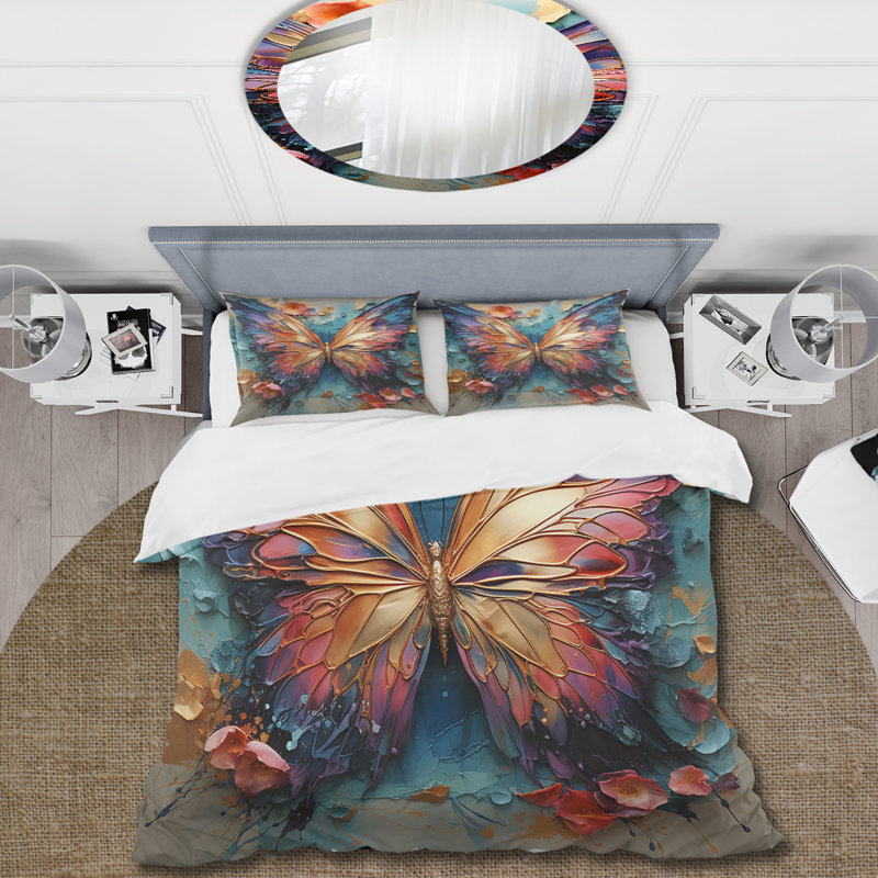 Ensemble de housse de couette papillon orange et bleu métallique, Housse de couette très grand et 2 très grandes t