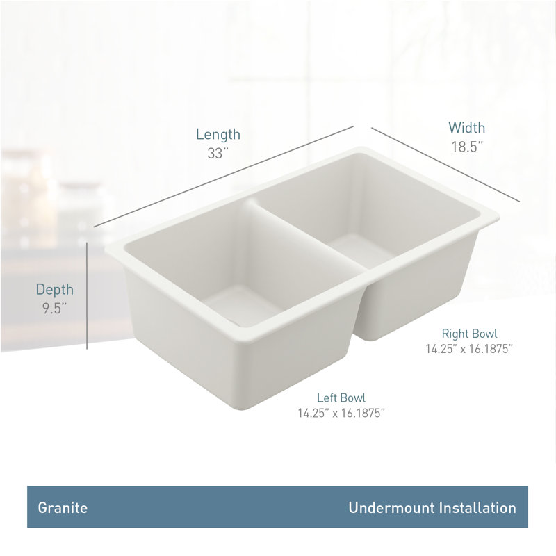 Host 33-Inch Wide x 9.5-Inch Deep Undermount Granite Double Bowl Kitchen Sink, White