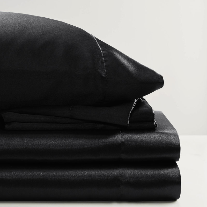 Drap de luxe noir 7 pièces en satin 100% satin, froissé, doux sur les cheveux, 1 plat, 2 ajustés, 4 taies d'oreiller à surface lisse, réduit les frisottis,