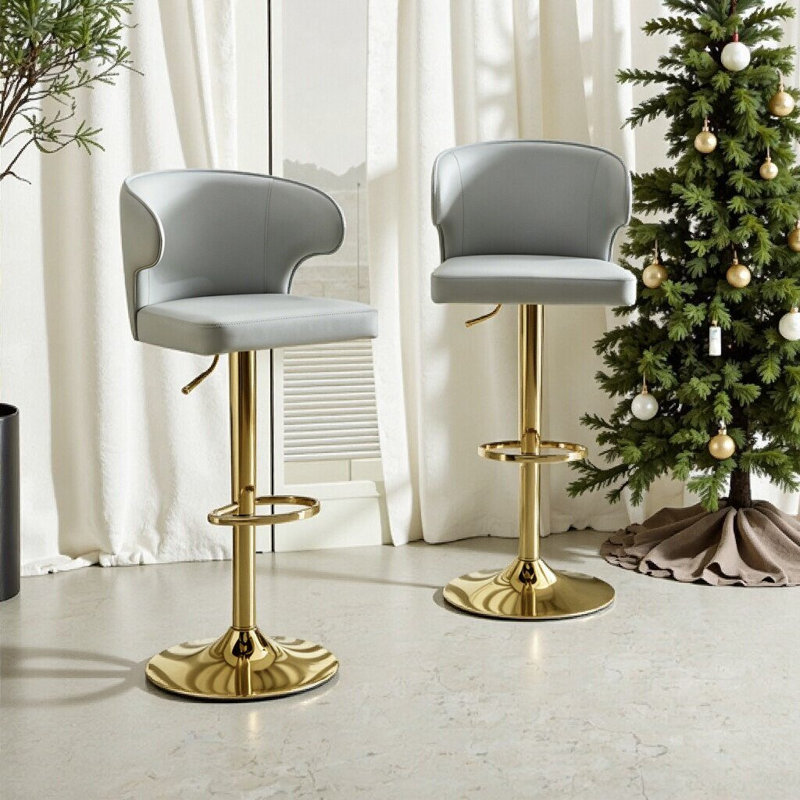 Ensemble de 2 chaises de bar rotatives réglables avec dossier en cuir PU d'une capacité de 300 lb, Doré, gris