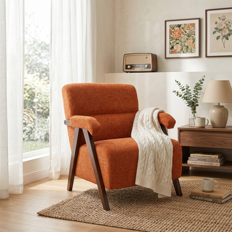  Chaise d'appoint Mid-Century moderne - structure en bois massif, revêtement capitonné en polyester orange avec coussin épais
