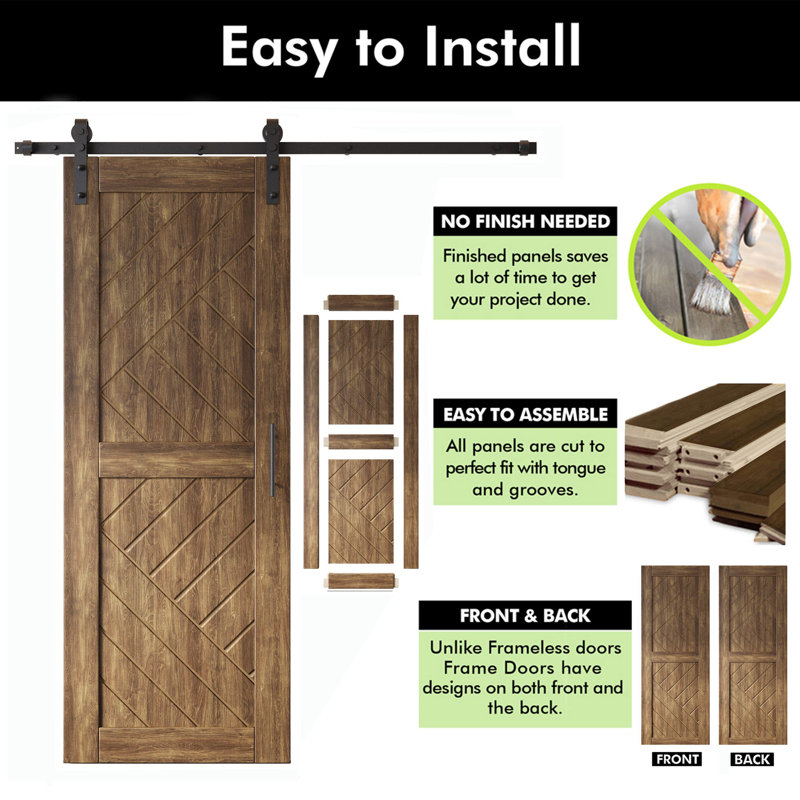 Porte de grange à motif géométrique non assemblée et fini en noyer foncé de 26 po x 80 po Homacer de Homacer, avec rail d'installation de 4,5 pi, usage intérieur seulement