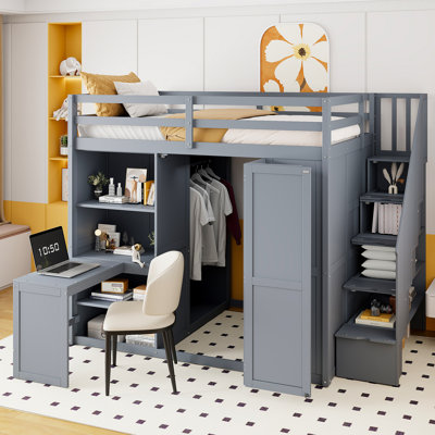 Lit mezzanine double avec armoire, bureau et tablettes ModuNest