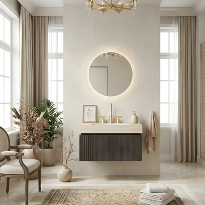 36" Bathroom Vanity&Sink, Floating Plywood Storage Cabinet with Drawer&Door, Roma Travertine Sintered Stone Top&Ceramic Basin with 3 Pre-drilled Faucet Holes, Pre-assembled, White Oak Woodgrain