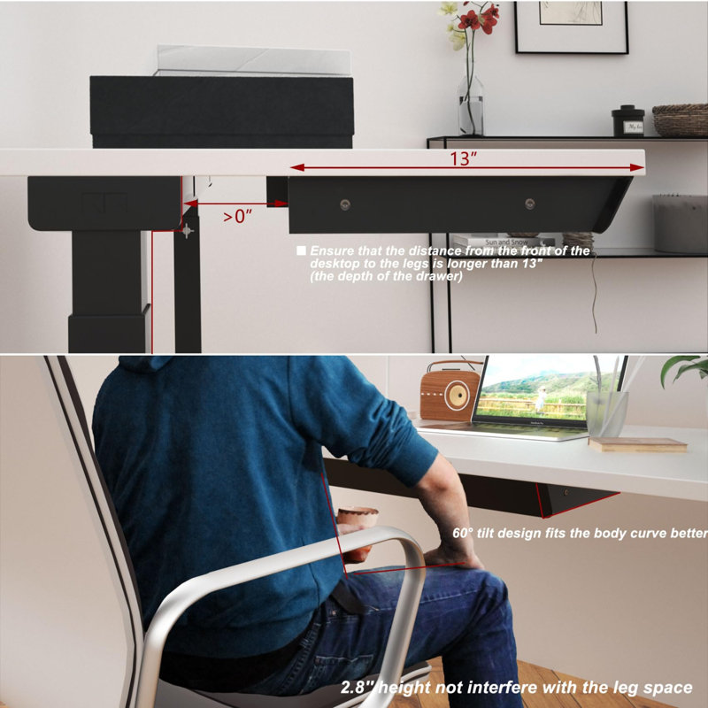 Large Under Desk Mounted Sliding Drawer With Pencil Tray And 60 Degree Tilt Panel To Pull Out, 22'' Long & 13'' Deep Large Storage Organizer For Sit Stand Workstation