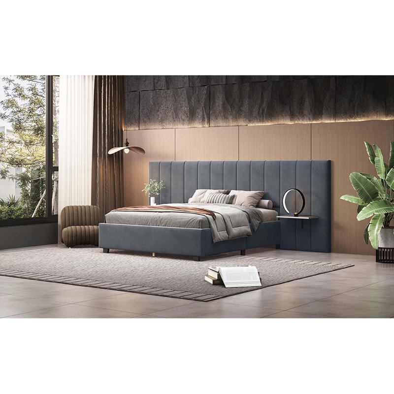 Lit plateforme tapissier avec grande tête de lit, mobilier de chambre à coucher, Gris, Grand lit
