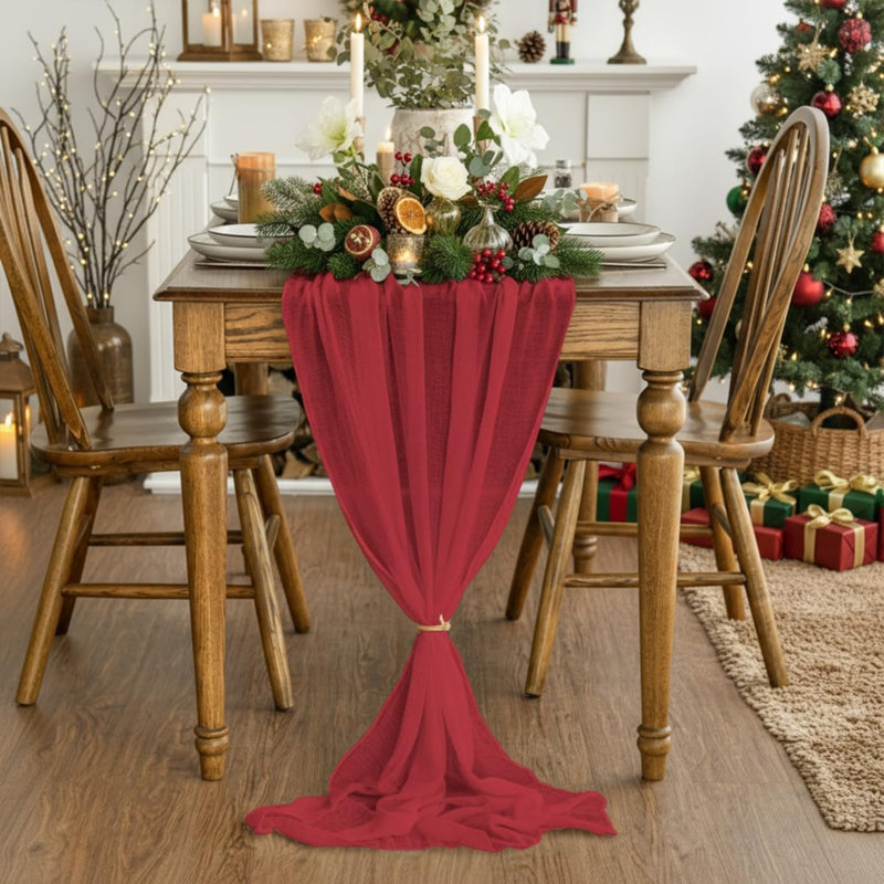 Red Boho Gauze Wedding Cheesecloth Christmas Table Runner 400cm | Valentine's Day Seasonal Bridal Fabric Kitchen Dining Holiday Table Decor for Home Party