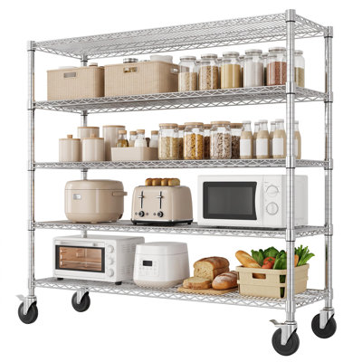 5-Tier Wire Shelving Unit Heavy Duty Storage Rack with Wheels, Chrome Metal Adjustable Shelf, 1500LBS Capacity Rolling Cart with Lockable Casters for Kitchen Pantry Garage Basement